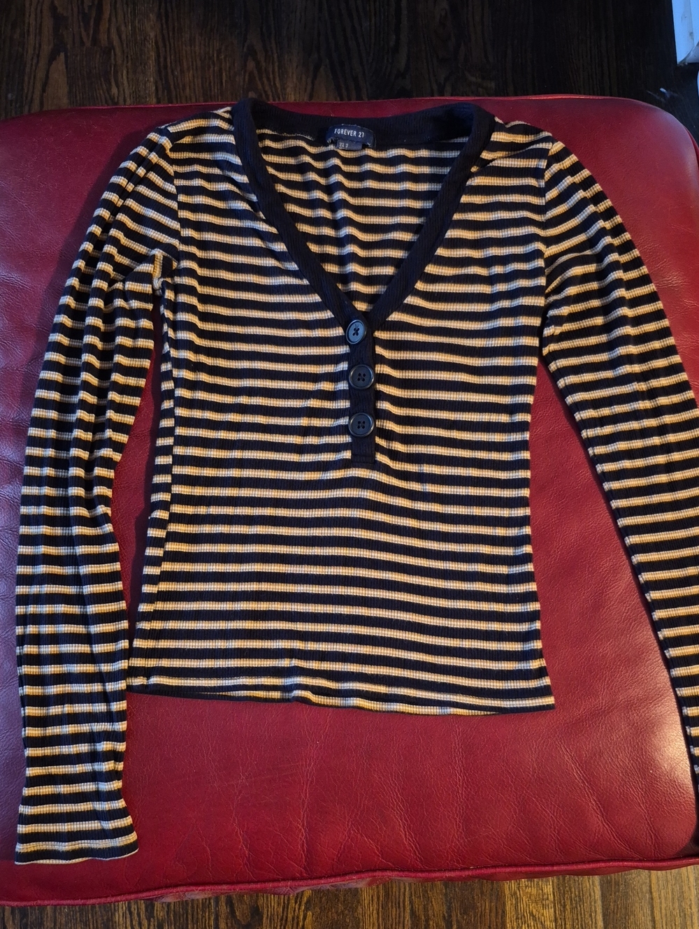 Forever 21 Black and Yellow Striped V‑Neck Long Sleeve Top